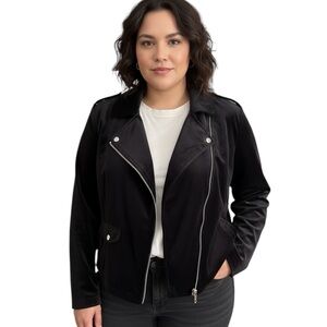 Lauren Conrad 2X Jacket Moto Zip Black Velour Velvet Pockets Epaulette